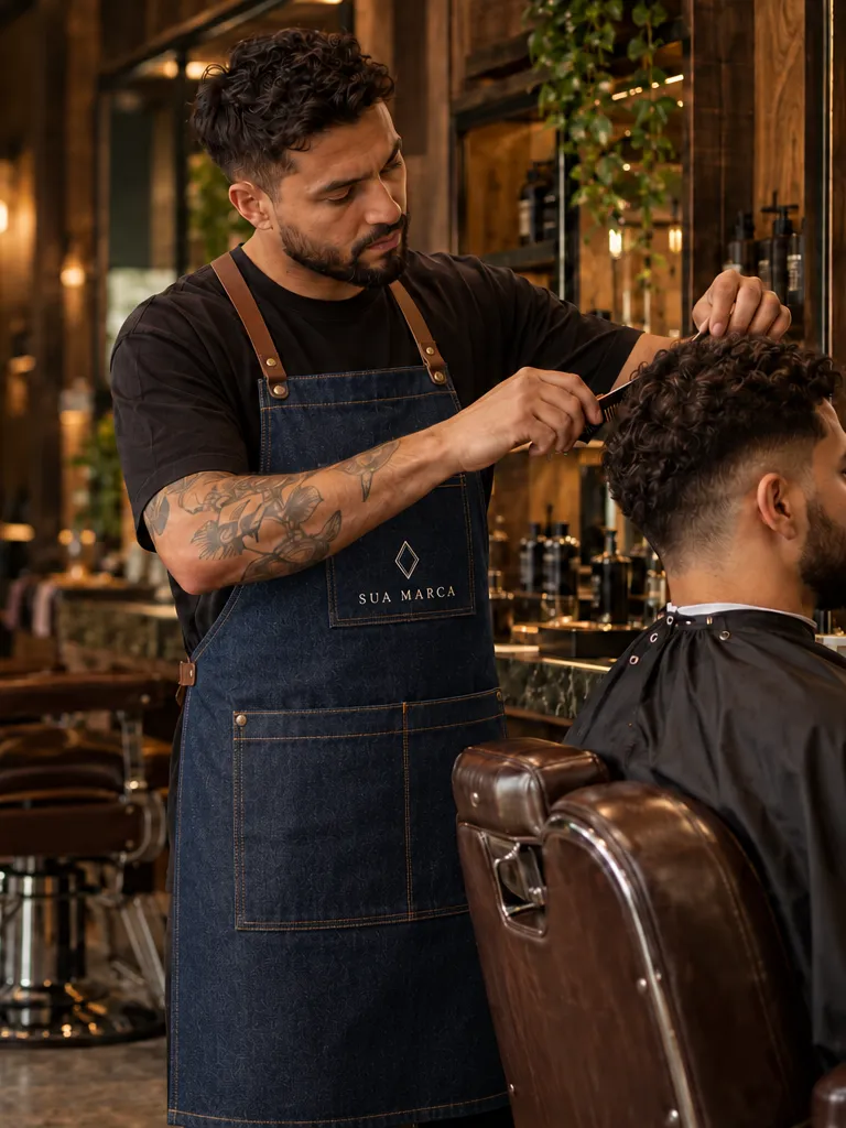Barbeiro com avental de jeans