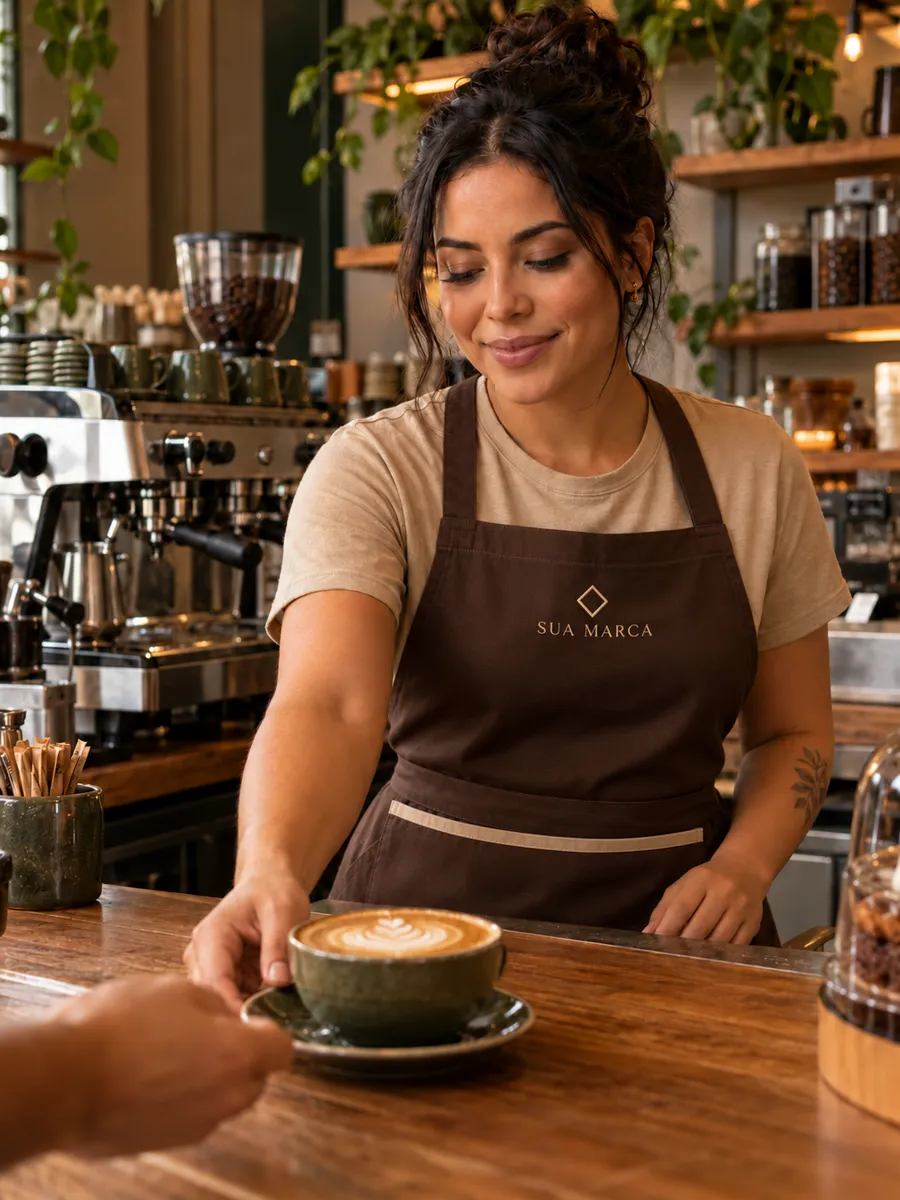 Barista com avental de gabardine marrom com a logo da cafeteria