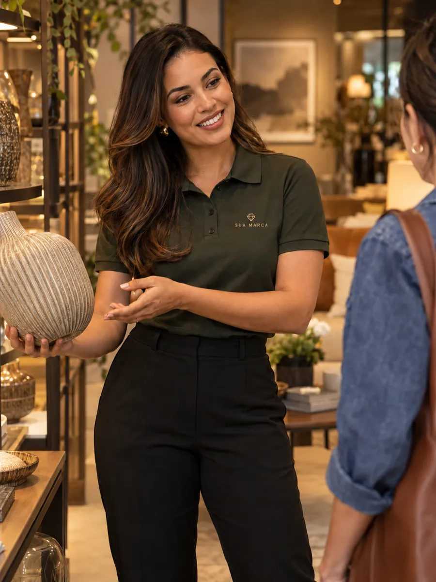 Vendedora com camisa polo personalizada