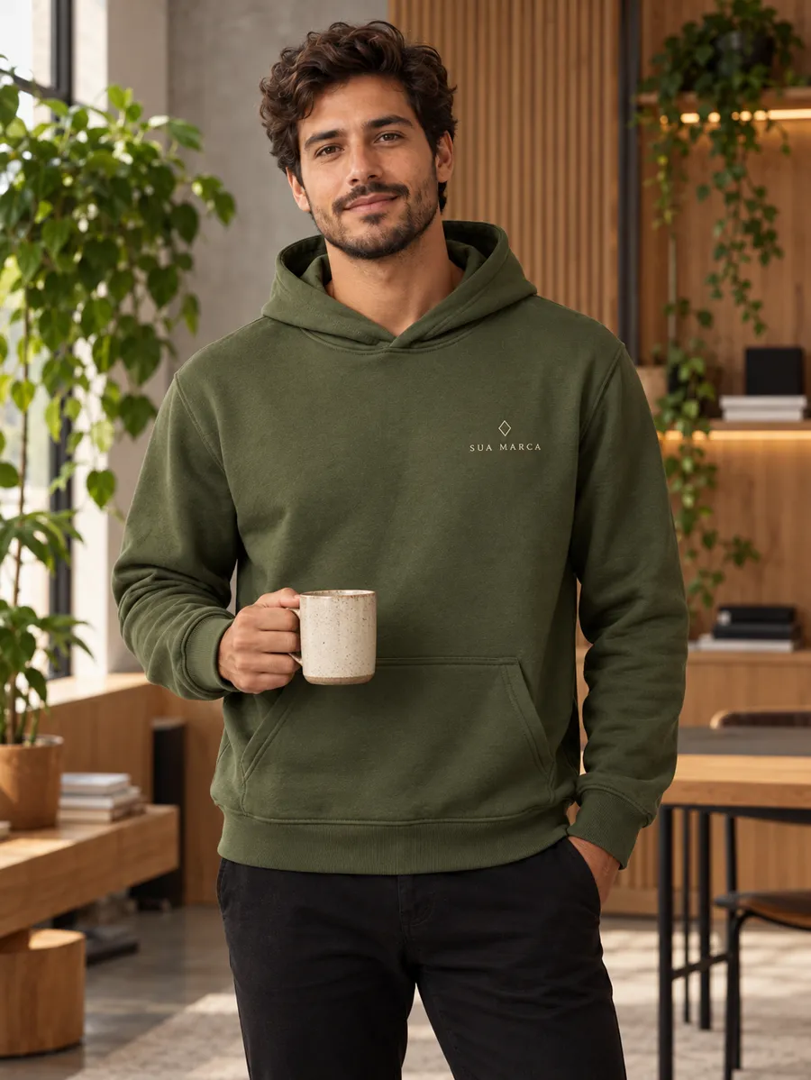 Profissional com moletom canguru verde oliva com a logo da empresa