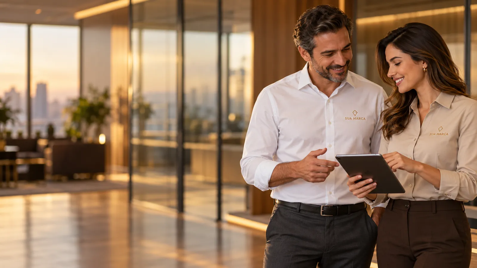 Homem e mulher conversando num escritório, com camisas sociais bordadas com o logo da empresa