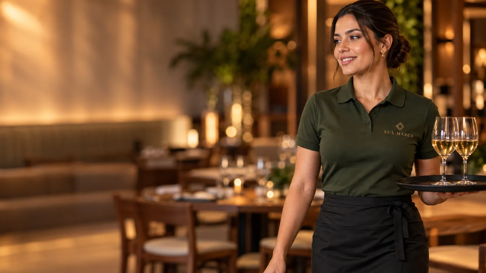 Garçonete com camisa polo verde bordada com o logo do restaurante
