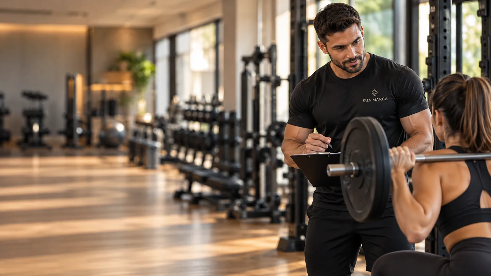 Personal trainer com camiseta dry fit preta bordada com o logo da empresa