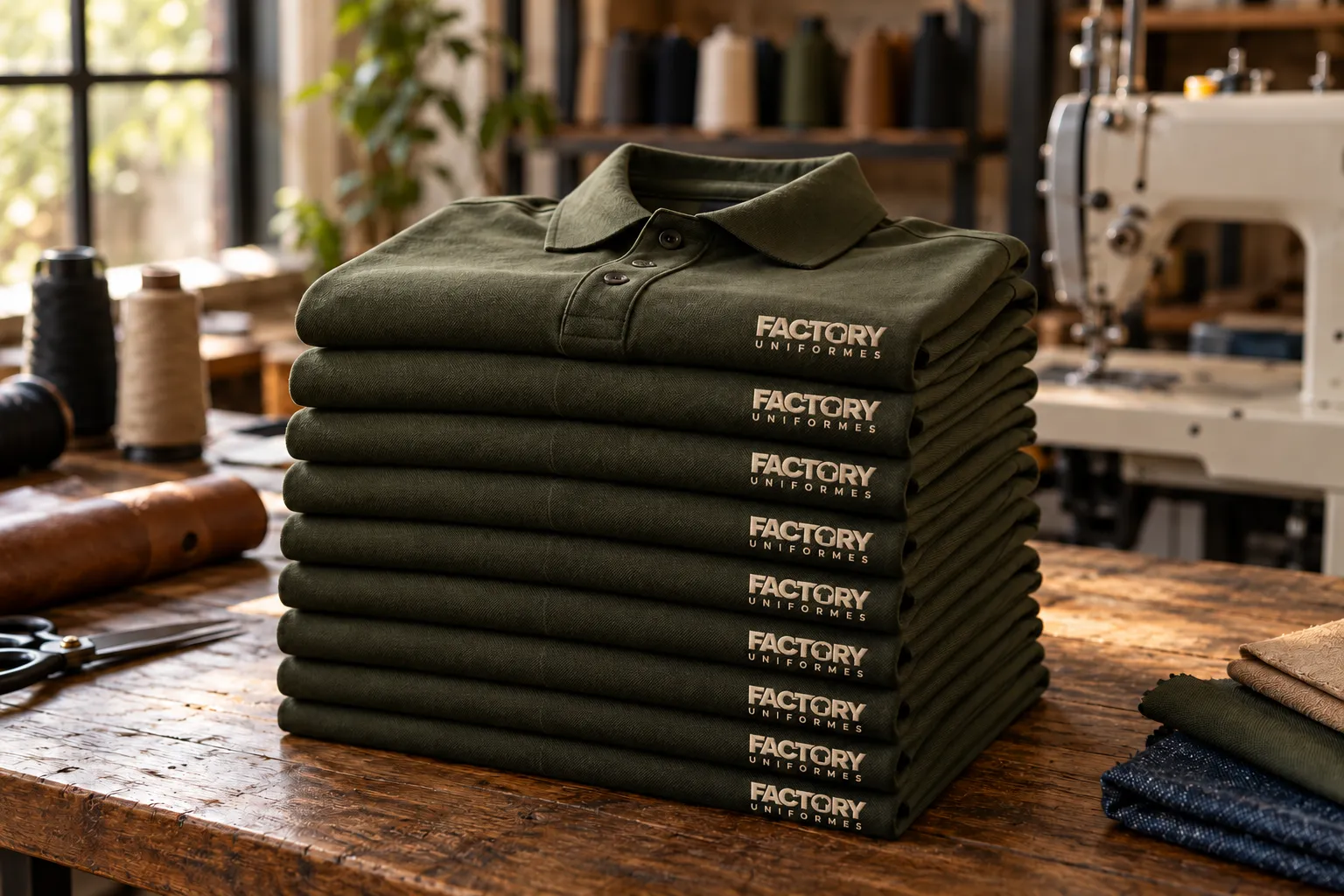 Pilha de camisas polo verde oliva idênticas, dobradas, com bordado no peito